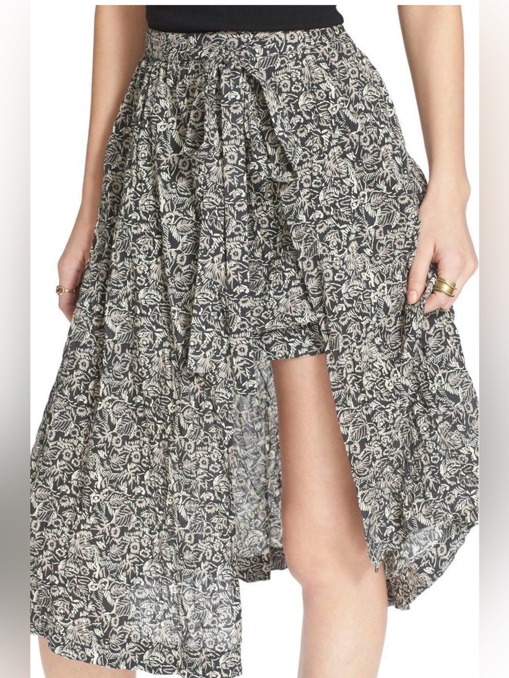 Free People Black Combo Love Train Asymmetrical Hem Wrap Midi Skirt Sz 2